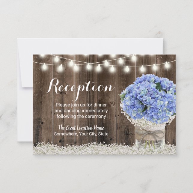 Invitación Blue Hydrangea Floral Jar Rustic Wedding Recepcion (Anverso)