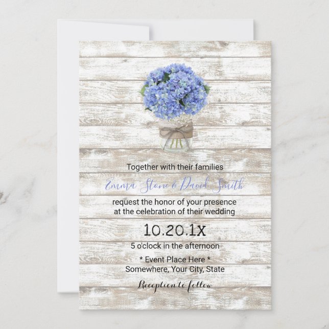 Invitación Blue Hydrangea Floral Jar Rustic Wood Boda (Anverso)