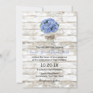 Invitación Blue Hydrangea Floral Jar Rustic Wood Boda