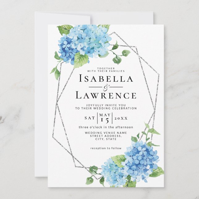 Invitación Blue Hydrangea Floral Silver Elegant Wedding (Anverso)