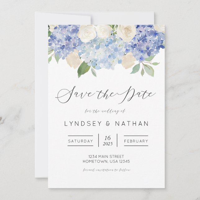 Invitación Blue Hydrangea Floral Wedding Save the Date (Anverso)