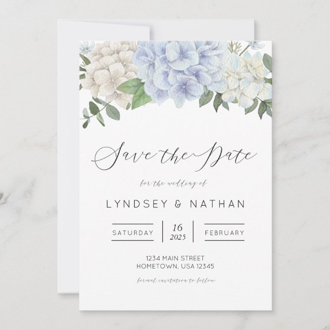 Invitación Blue Hydrangea Floral Wedding Save the Date (Anverso)