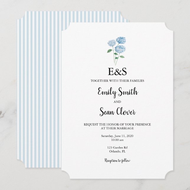 Invitación Blue Hydrangea Flower Wedding Monogram Blue Stripe (Anverso / Reverso)