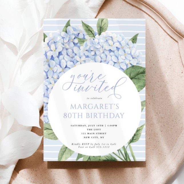 Invitación Blue Hydrangea Flowers Circle Frame Fiesta de cump (Beautiful Blue Hydrangea Birthday Invitations)