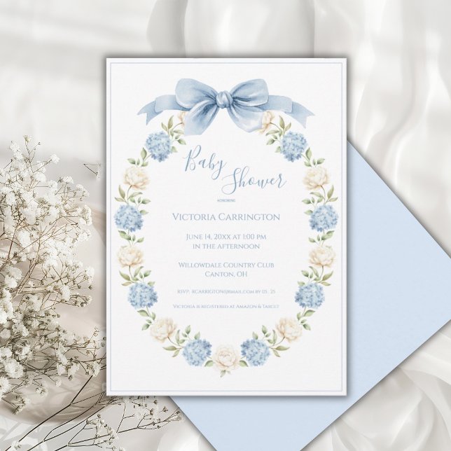 Invitación Blue Hydrangea Frame Elegant Bow Baby Shower  (Subido por el creador)