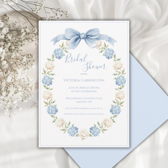 Invitación Blue Hydrangea Frame Elegant Bow Bridal Shower  (Subido por el creador)