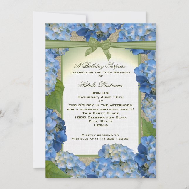 Invitación Blue Hydrangea Garden Fiesta Cumpleaños (Anverso)