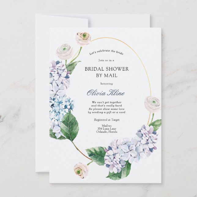 Invitación Blue Hydrangea Gold Frame Shower por correo (Anverso)