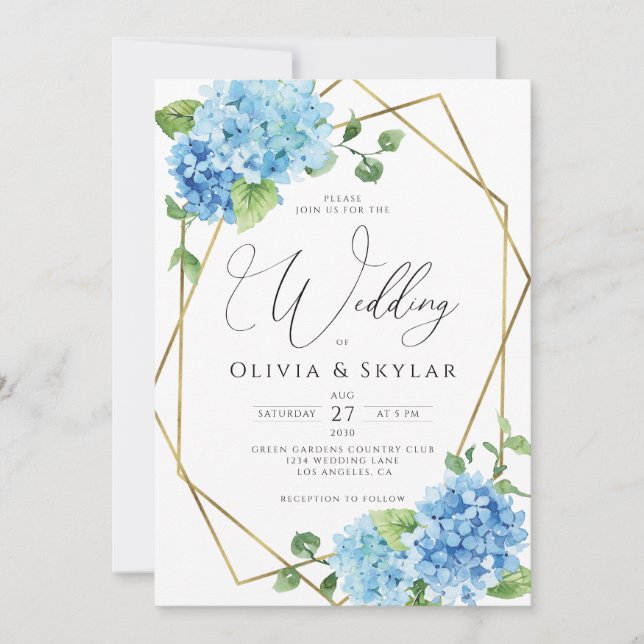 Invitación Blue Hydrangea Gold QR Code Todo En Un Boda (Anverso)