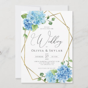 Invitación Blue Hydrangea Gold QR Code Todo En Un Boda