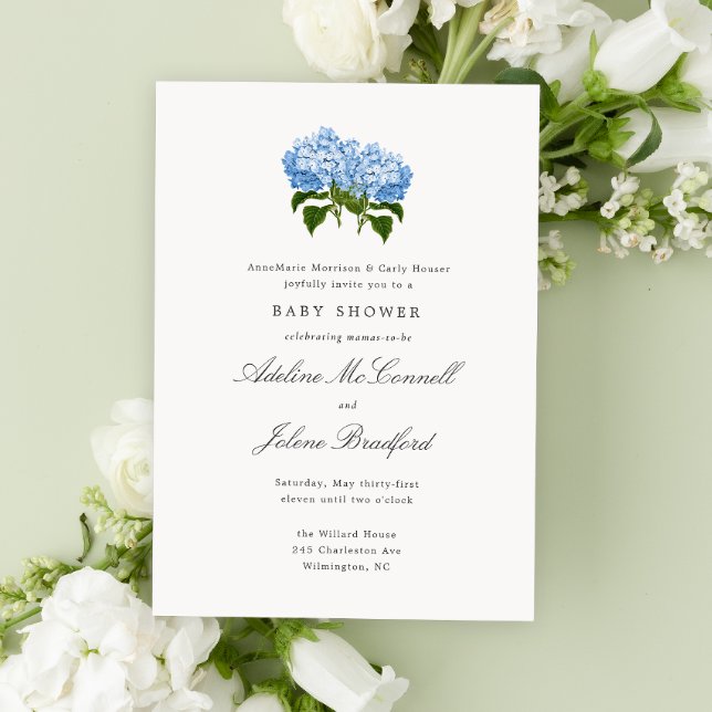 Invitación Blue Hydrangea Grandmillennial Doble Baby Shower (Double baby shower with blue hydrangea flowers and traditional fonts for grand millennial style)