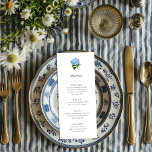 Invitación Blue Hydrangea Grandmillennial Menu<br><div class="desc">Un elegante texto de fácil personalizar enumera las opciones de menú de su evento en un nuevo estilo tradicional del gran milenio y cuenta con una paleta de colores limpios de blanco y azul con mucho espacio blanco compuesto y un ilustracion antiguo de una flor de horangea azul clásica.</div>