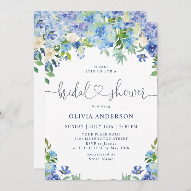 Invitación Blue Hydrangea Greeneration Watercolor Bridal Show (Anverso / Reverso)