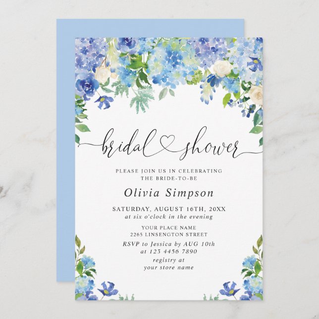 Invitación Blue Hydrangea Greeneration Watercolor Bridal Show (Anverso / Reverso)