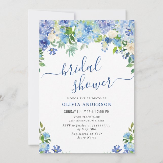 Invitación Blue Hydrangea Greeneration Watercolor Bridal Show (Anverso)
