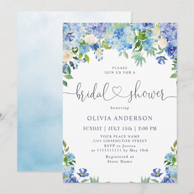 Invitación Blue Hydrangea Greeneration Watercolor Bridal Show (Anverso / Reverso)