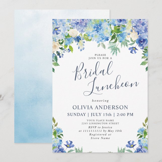 Invitación Blue Hydrangea Greenery Watercolor Bridal Luncheon (Anverso / Reverso)