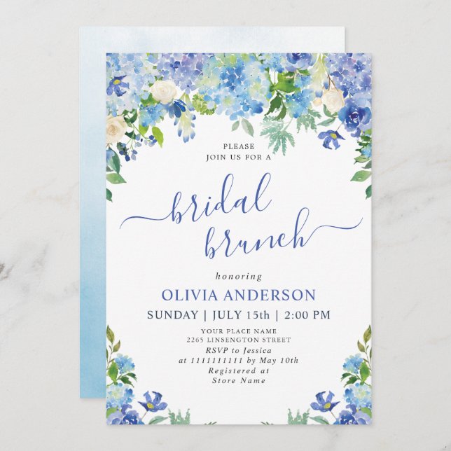 Invitación Blue Hydrangea Greenery Watercolor Brunch Bridal (Anverso / Reverso)