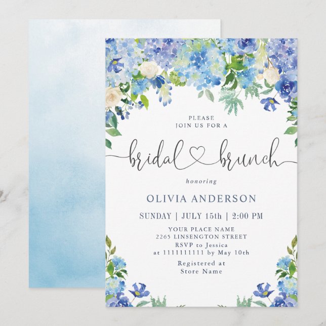 Invitación Blue Hydrangea Greenery Watercolor Brunch Bridal (Anverso / Reverso)