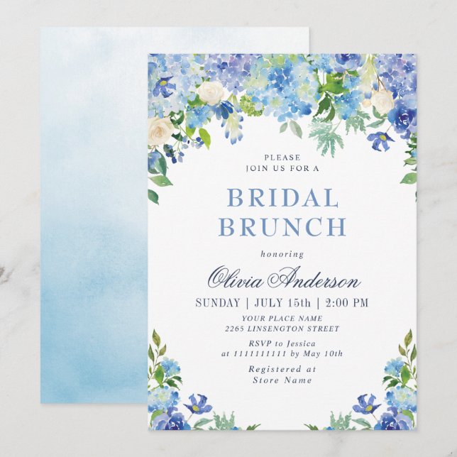 Invitación Blue Hydrangea Greenery Watercolor Brunch Bridal (Anverso / Reverso)