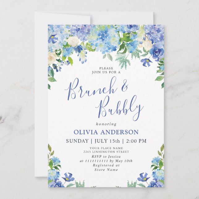 Invitación Blue Hydrangea Greenery Watercolor Brunch & Bubbly (Anverso)