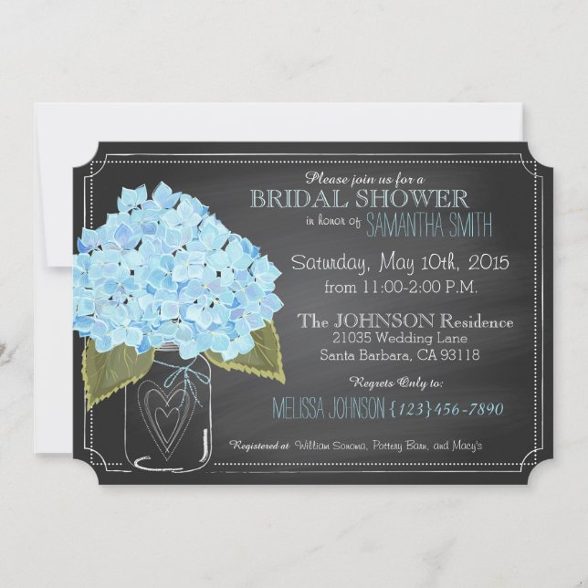 Invitación Blue Hydrangea Jar Chalkboard Bridal Shower (Anverso)