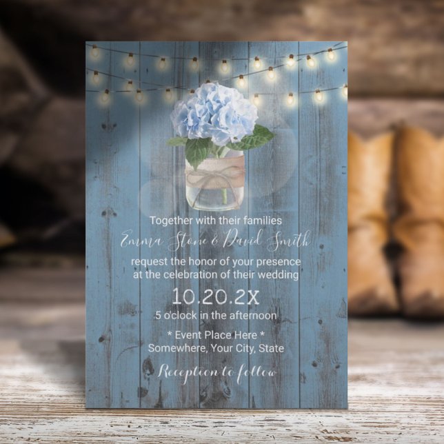 Invitación Blue Hydrangea Jar Dusty Blue Barn Wood Boda (Subido por el creador)