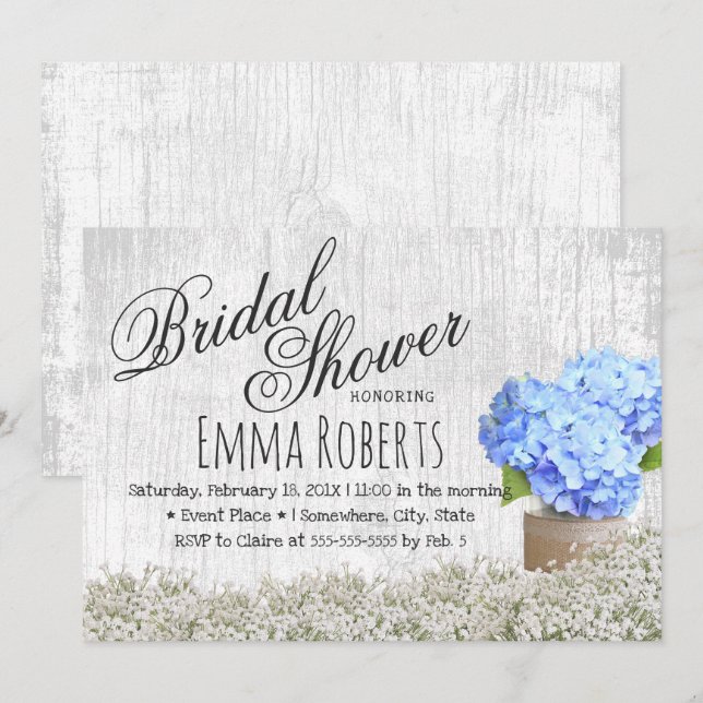 Invitación Blue Hydrangea Jar Rustic Floral Bridal Shower (Anverso / Reverso)
