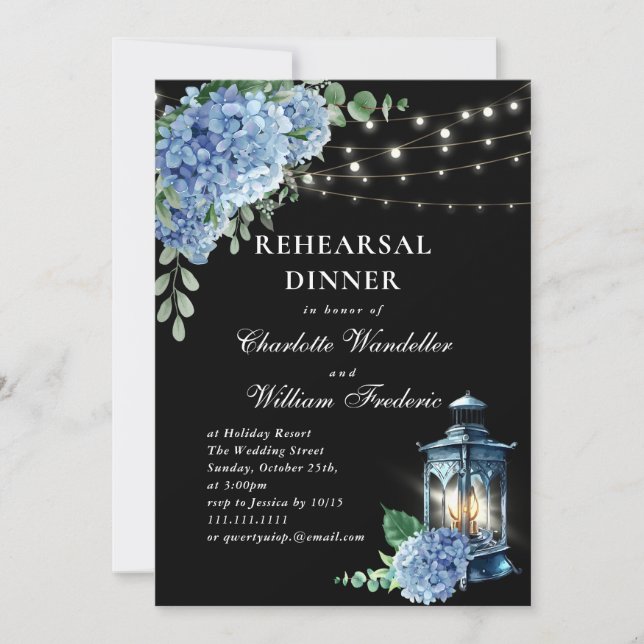 Invitación Blue Hydrangea Lantern Black Back Rehearner Cena (Anverso)