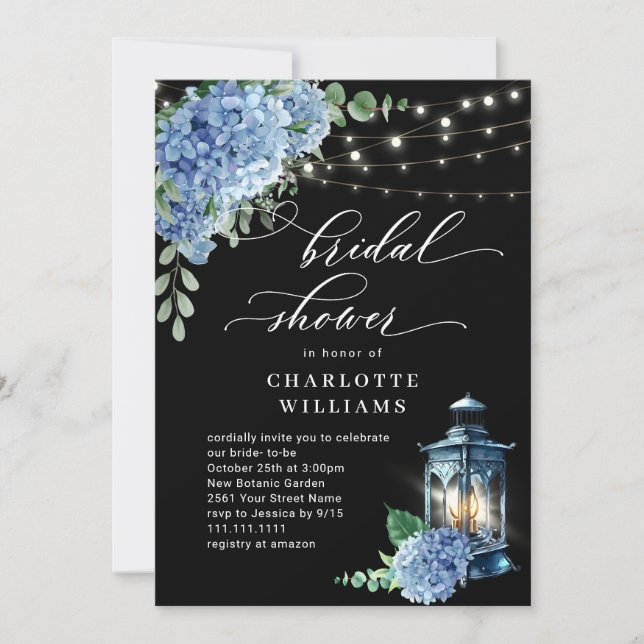 Invitación Blue Hydrangea Lantern Black Boho Brighower (Anverso)