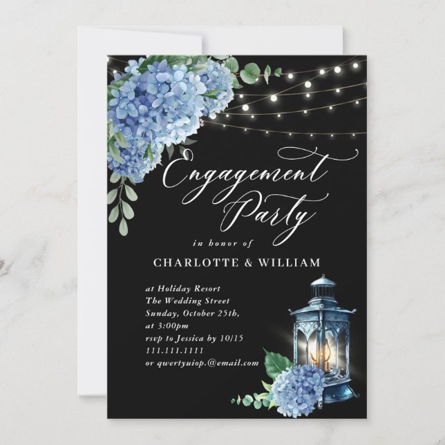 Invitación Blue Hydrangea Lantern Black Boho Engagement Party (Anverso)