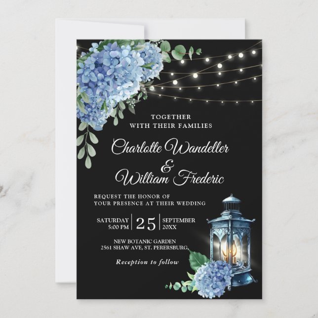 Invitación Blue Hydrangea Lantern Boda de fondo negro (Anverso)