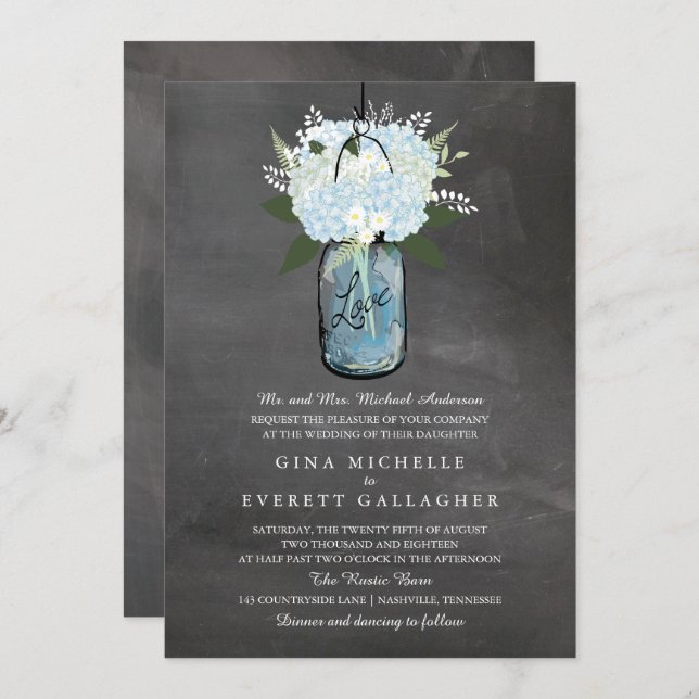Invitación Blue Hydrangea Mason Jar Chalkboard | BODA (Anverso / Reverso)