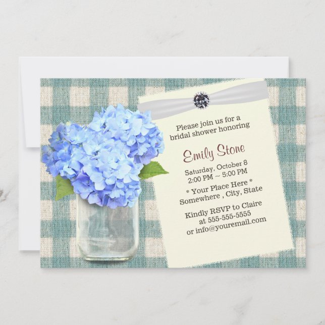 Invitación Blue Hydrangea & Mason Jar Plaid Bridal Shower (Anverso)