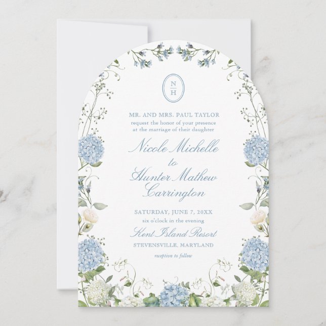Invitación Blue Hydrangea Monogram Wedding Arch Invitation (Anverso)