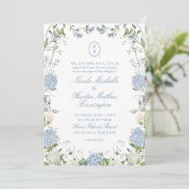 Invitación Blue Hydrangea Monogram Wedding Crest Invitation