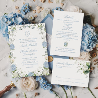 Invitación Blue Hydrangea Monogram Wedding Crest Invitation