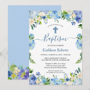 Invitación Blue Hydrangea Pastel Baptism Floral Christening