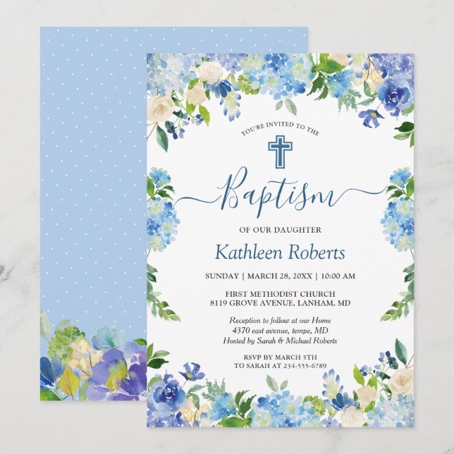 Invitación Blue Hydrangea Pastel Baptism Floral Christening (Anverso / Reverso)