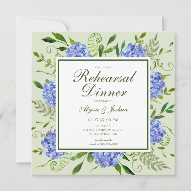 Invitación Blue Hydrangea Photo Test Dinner (Anverso)