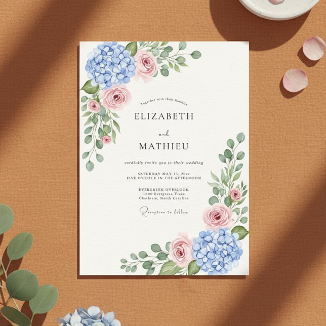 Invitación Blue Hydrangea Rose Botanical Wedding (Subido por el creador)