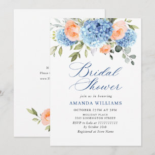 Invitación Blue Hydrangea Rubor Roses rosados BRIDAL SHOWER