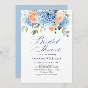 Invitación Blue Hydrangea Rubor Roses rosados BRIDAL SHOWER
