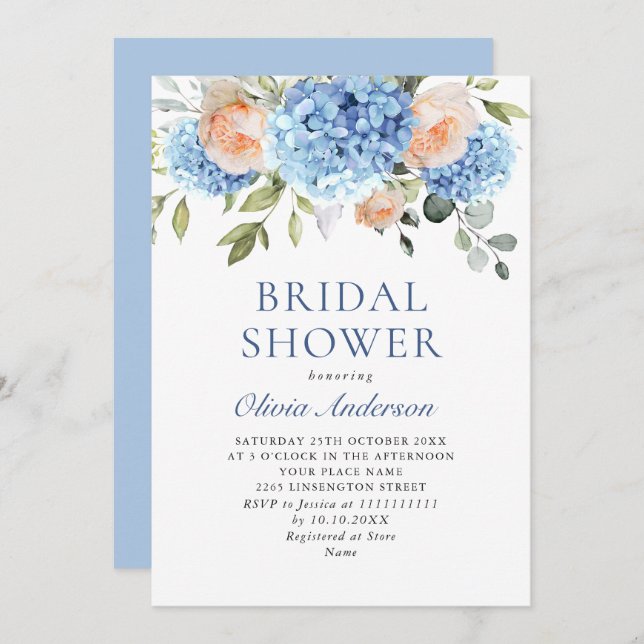 Invitación Blue Hydrangea Rubor Roses rosados BRIDAL SHOWER (Anverso / Reverso)
