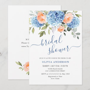 Invitación Blue Hydrangea Rubor Roses rosados BRIDAL SHOWER