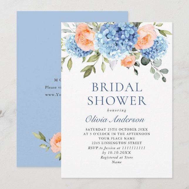 Invitación Blue Hydrangea Rubor Roses rosados BRIDAL SHOWER (Anverso / Reverso)