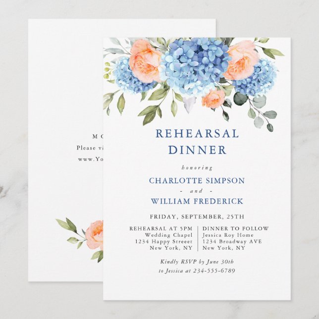 Invitación Blue Hydrangea Rubor Roses rosados Ensayo Cena (Anverso / Reverso)