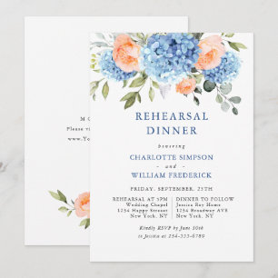 Invitación Blue Hydrangea Rubor Roses rosados Ensayo Cena