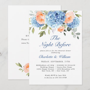 Invitación Blue Hydrangea Rubor Roses rosados Ensayo Cena
