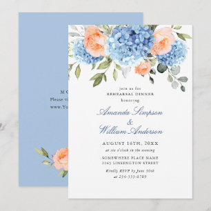 Invitación Blue Hydrangea Rubor Roses rosados Ensayo Cena